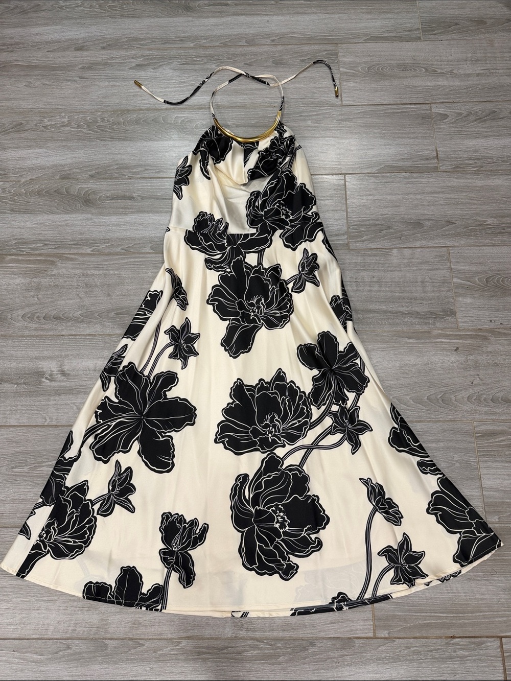 Donna Karan Cream Maxi Dress with Black Floral Print